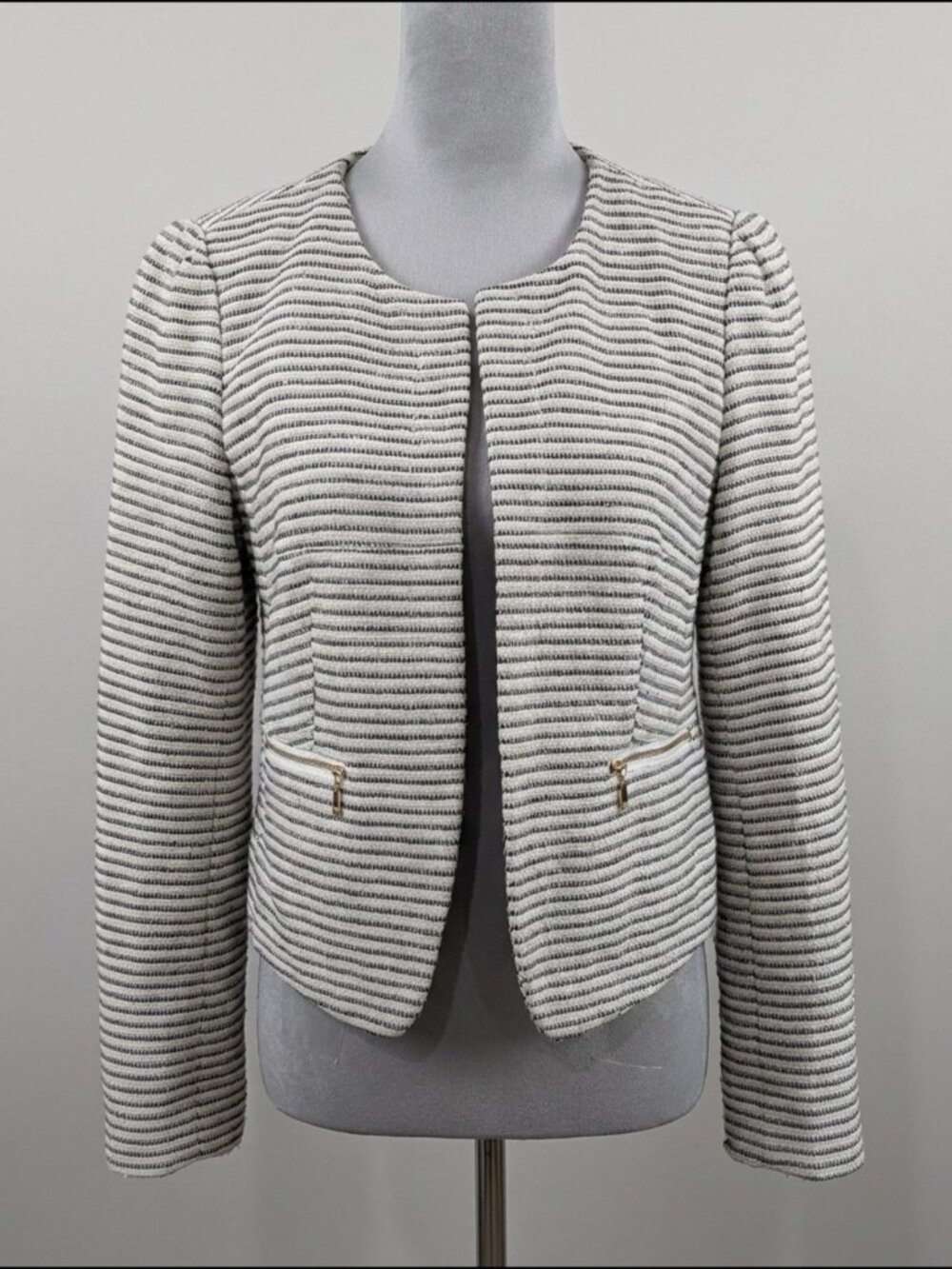 NWT Ann Taylor Loft Women's Striped Open Front Blazer Collarless Cream Black SP